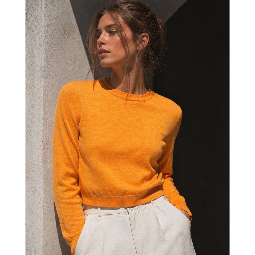 FREE PEOPLE FP Beach Womens Crew Neck Crop Sweater Top in Golden Orange Size XS
